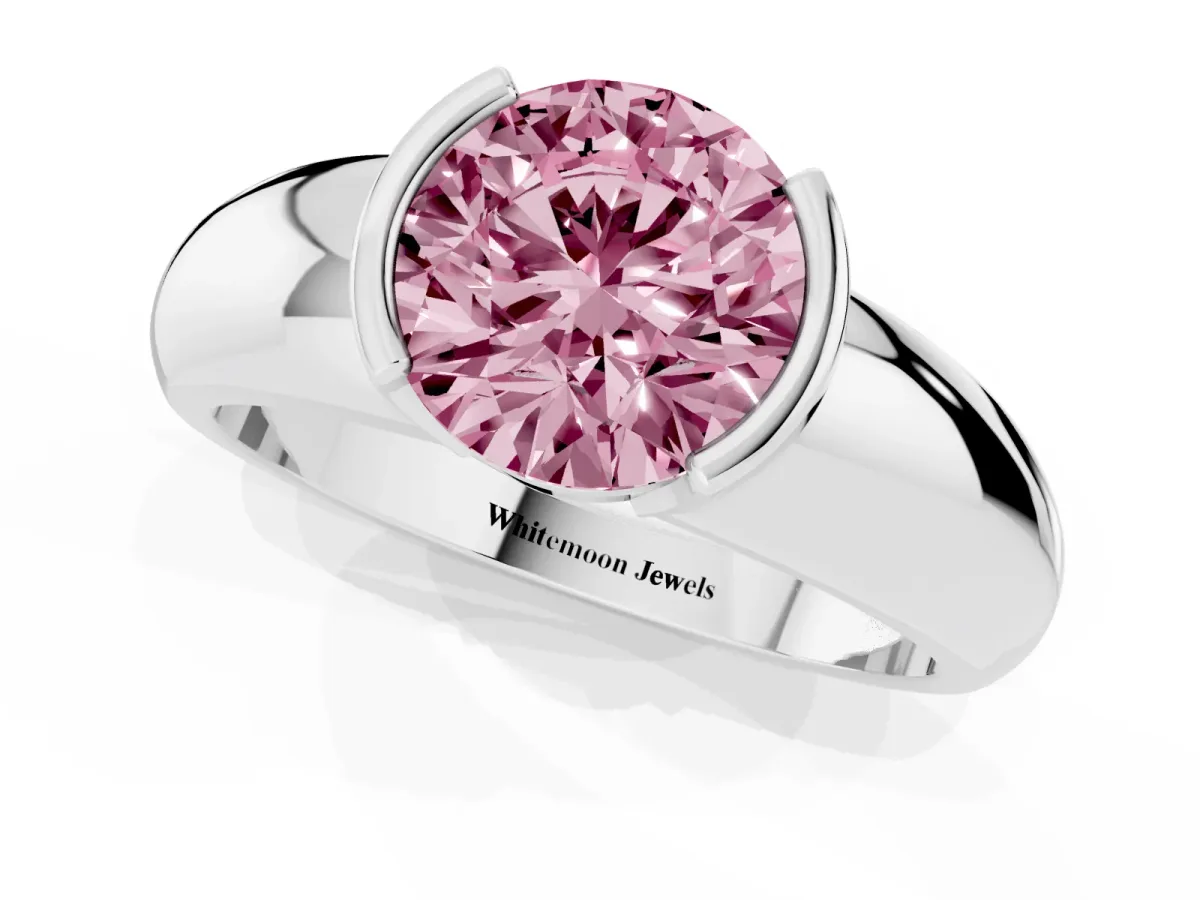 Fancy Pink Round Cut Solitaire Tension Set Diamond Ring with Wide Band Silver