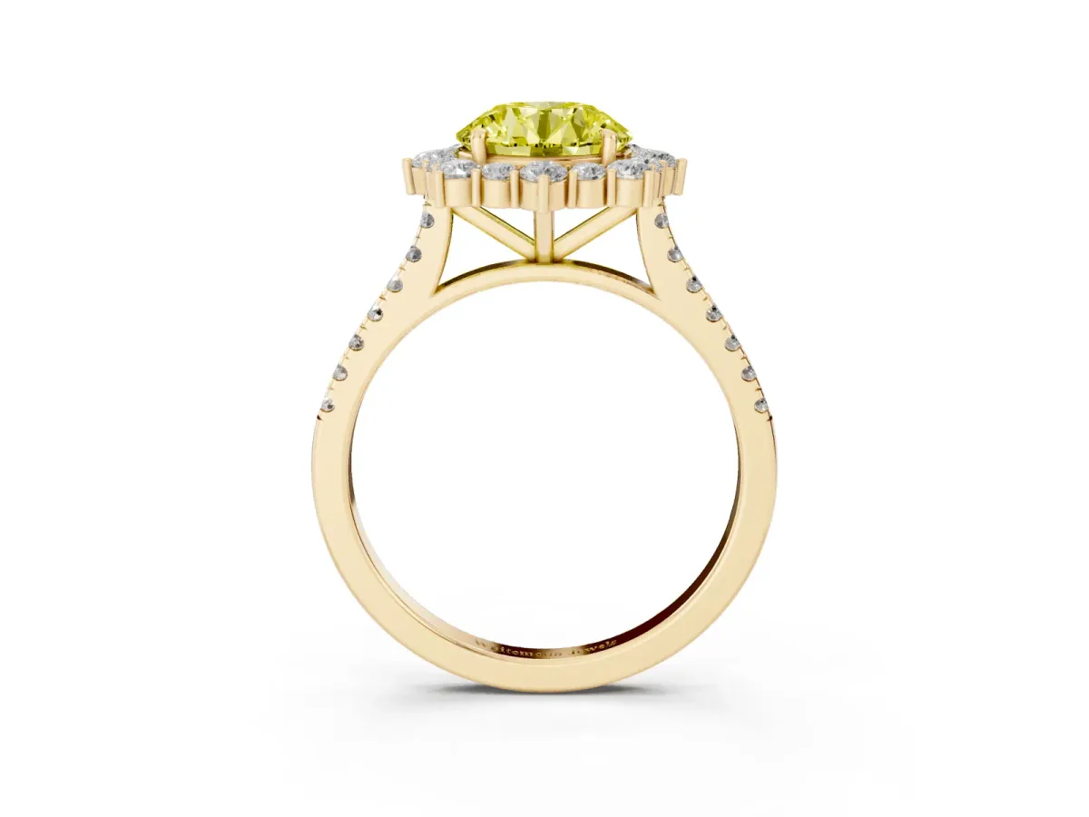 Fancy Yellow Round Cut Halo Diamond Ring with Pavé Band and Prong Setting Yellow gold