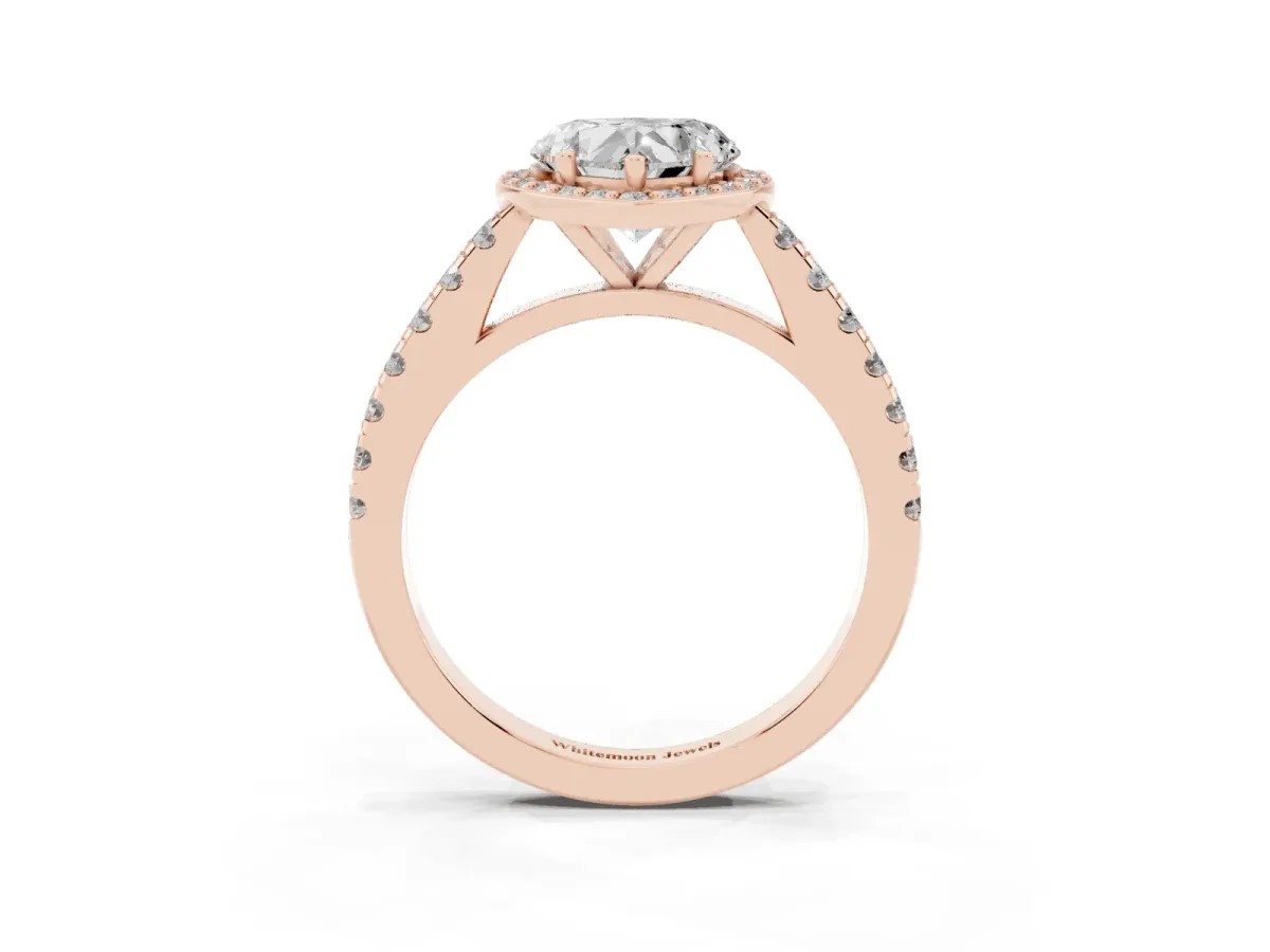 Heart Cut Cut Halo Diamond Engagement Ring with Pave Band and Four-Prong Setting Rose gold