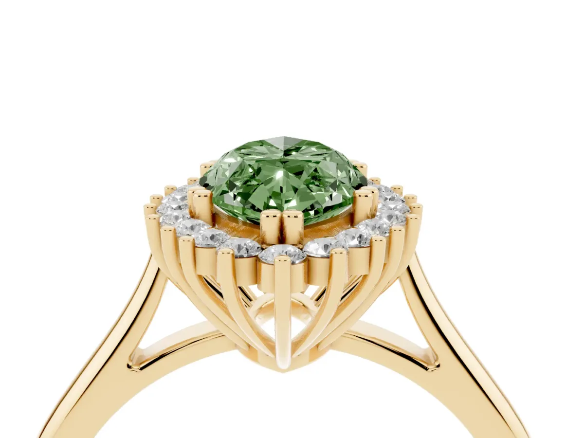 Fancy Green Marquise Cut Cut Diamond Halo Ring with Solitaire Band and Prong Setting Yellow gold