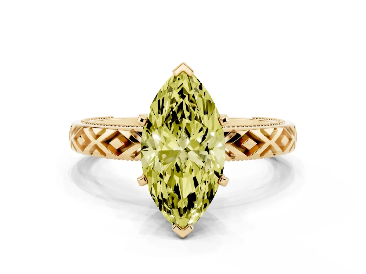 Fancy Yellow Marquise Cut Solitaire Diamond Ring with Milgrain and Black Enamel X Pattern Band Yellow gold