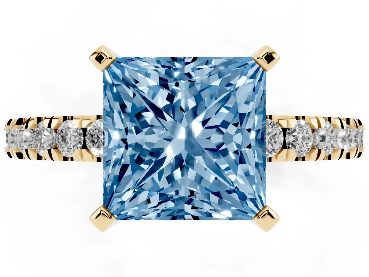 Fancy Blue Princess Cut Solitaire Diamond with Pavé Band and Four-Prong Setting Yellow gold