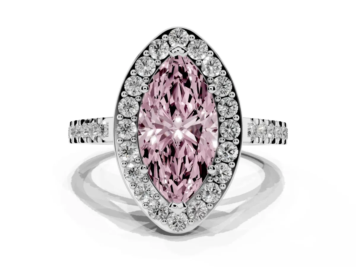 Fancy Pink Marquise Cut Diamond Halo Ring with Round Pavé Split Shank and Prong Setting Silver