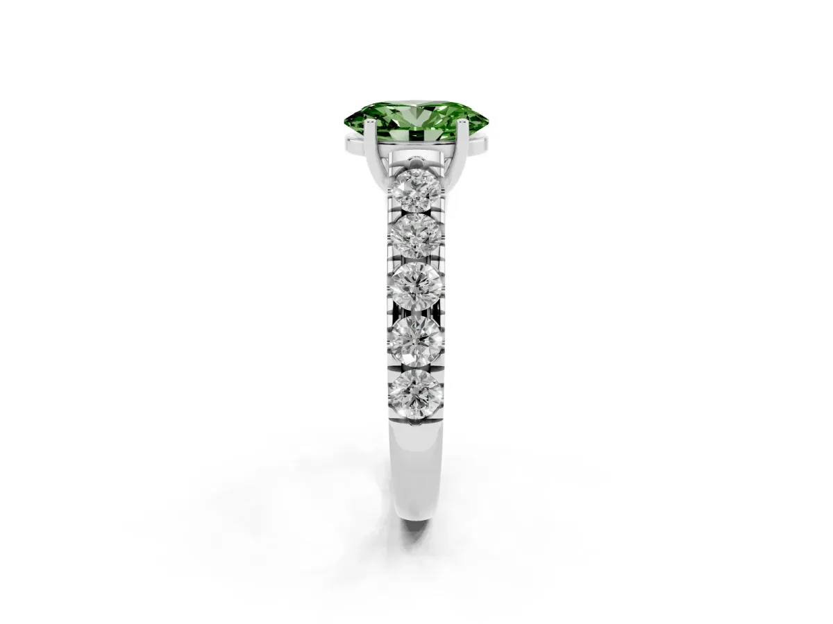 Fancy Green Oval Cut Cut Diamond Solitaire Ring with Micro Pave Band and Prong Setting Platinum