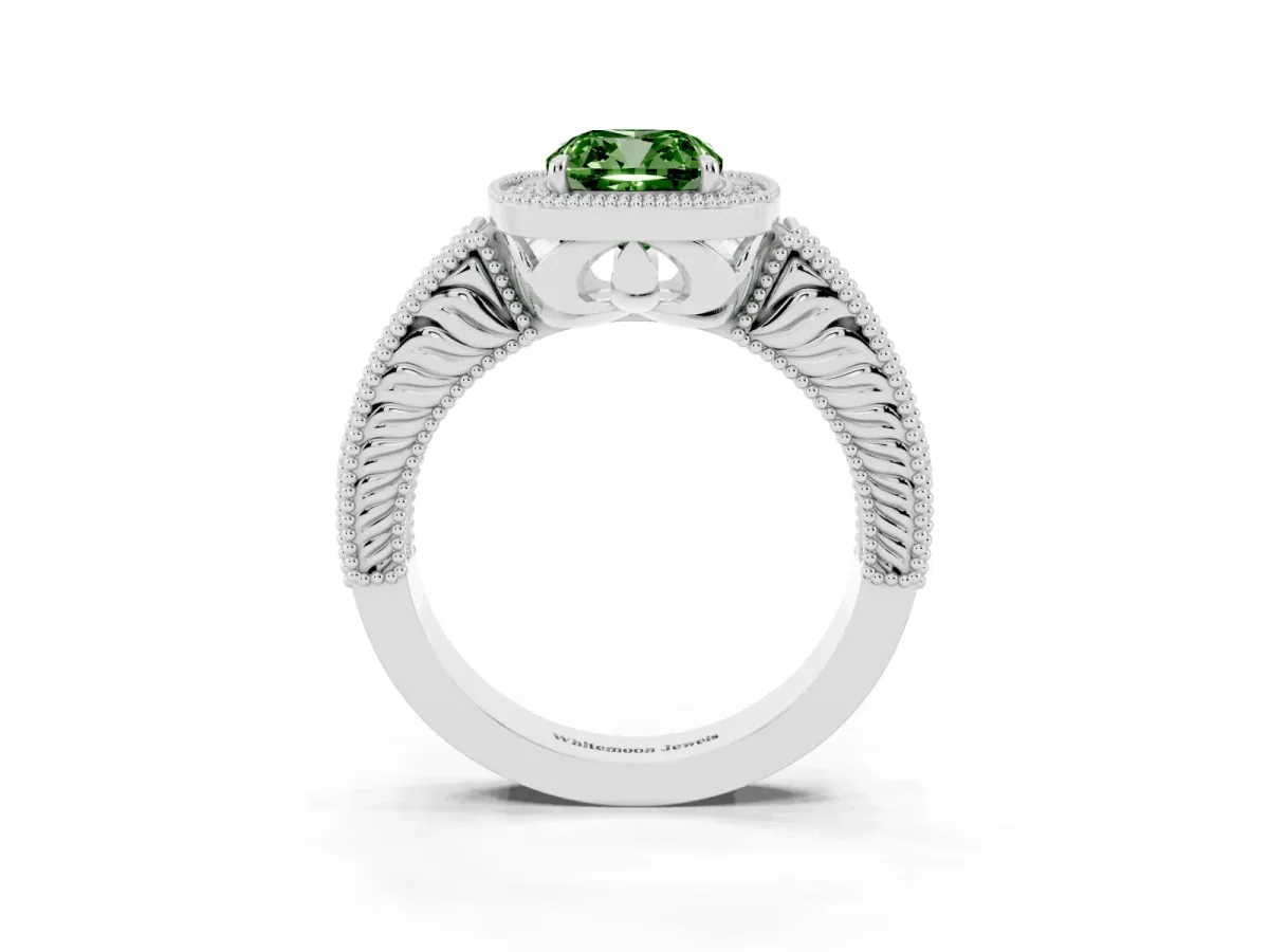 Fancy Green Cushion Cut Cut Halo Diamond Ring with Pavé Band and Four-Prong Setting Silver