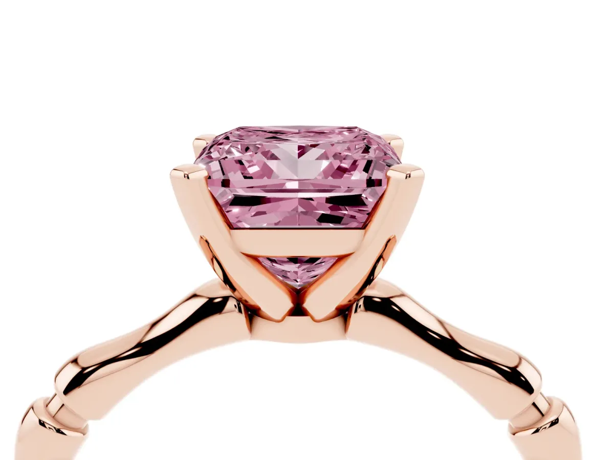Fancy Pink Princess Cut Solitaire Diamond Ring with Bamboo Band and Four-Prong Setting Rose gold