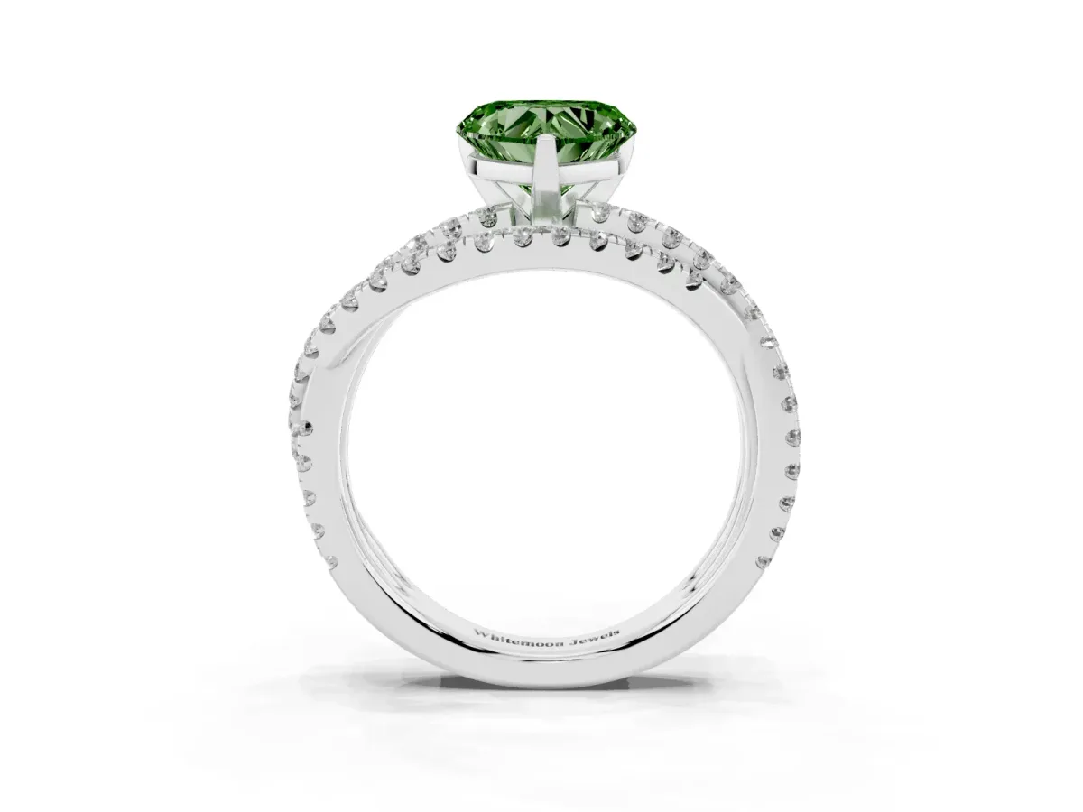 Fancy Green Heart Cut Solitaire Twist Band with Pavé Setting and Four-Prong Setting Silver