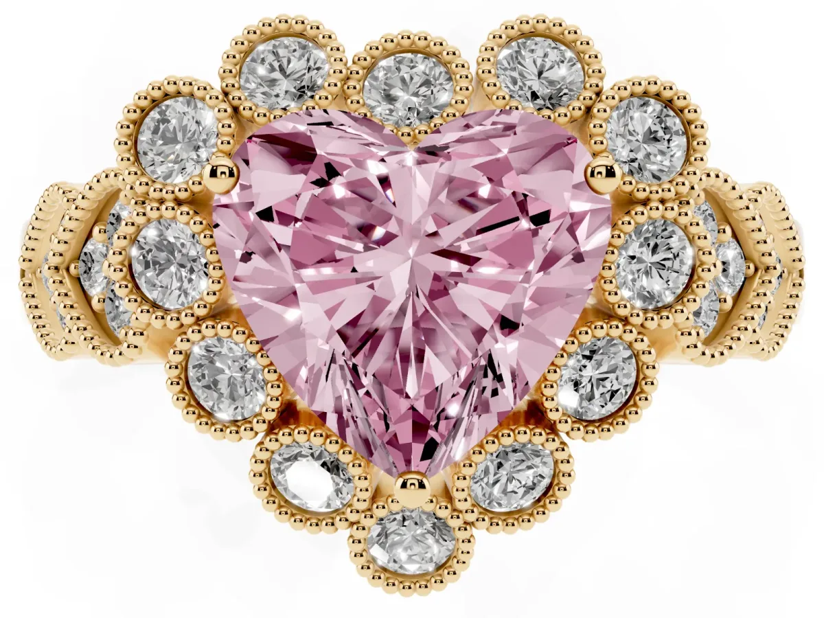 Fancy Pink Heart Cut Brilliant Milgrain Pave Heart Band Solitaire Ring Yellow gold