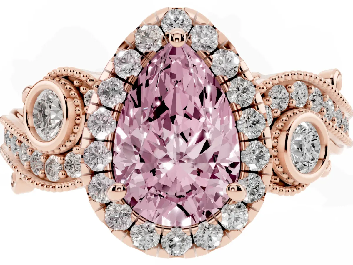 Fancy Pink Pear Cut Diamond Halo Ring with Milgrain Pavé Band and Four-Prong Setting Rose gold