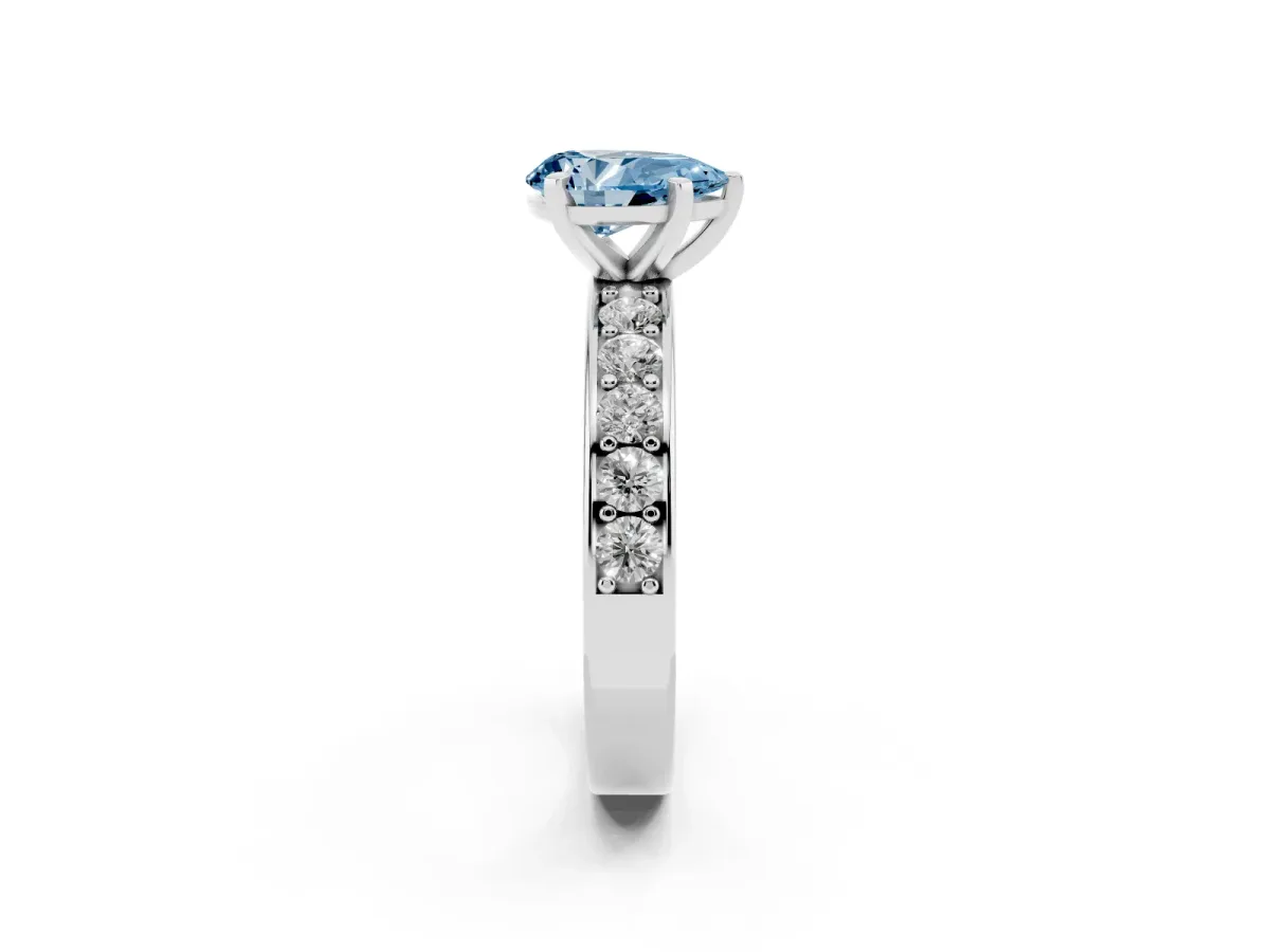 Fancy Blue Pear Cut Diamond Engagement Ring with Channel Set Round Band and Prong Setting Silver