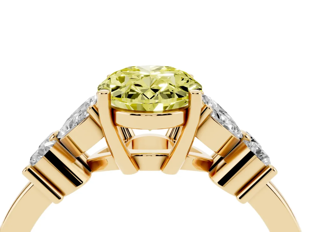 Fancy Yellow Oval Cut Diamond Floral Cluster Ring with Solitaire Band and Prong Setting Yellow gold