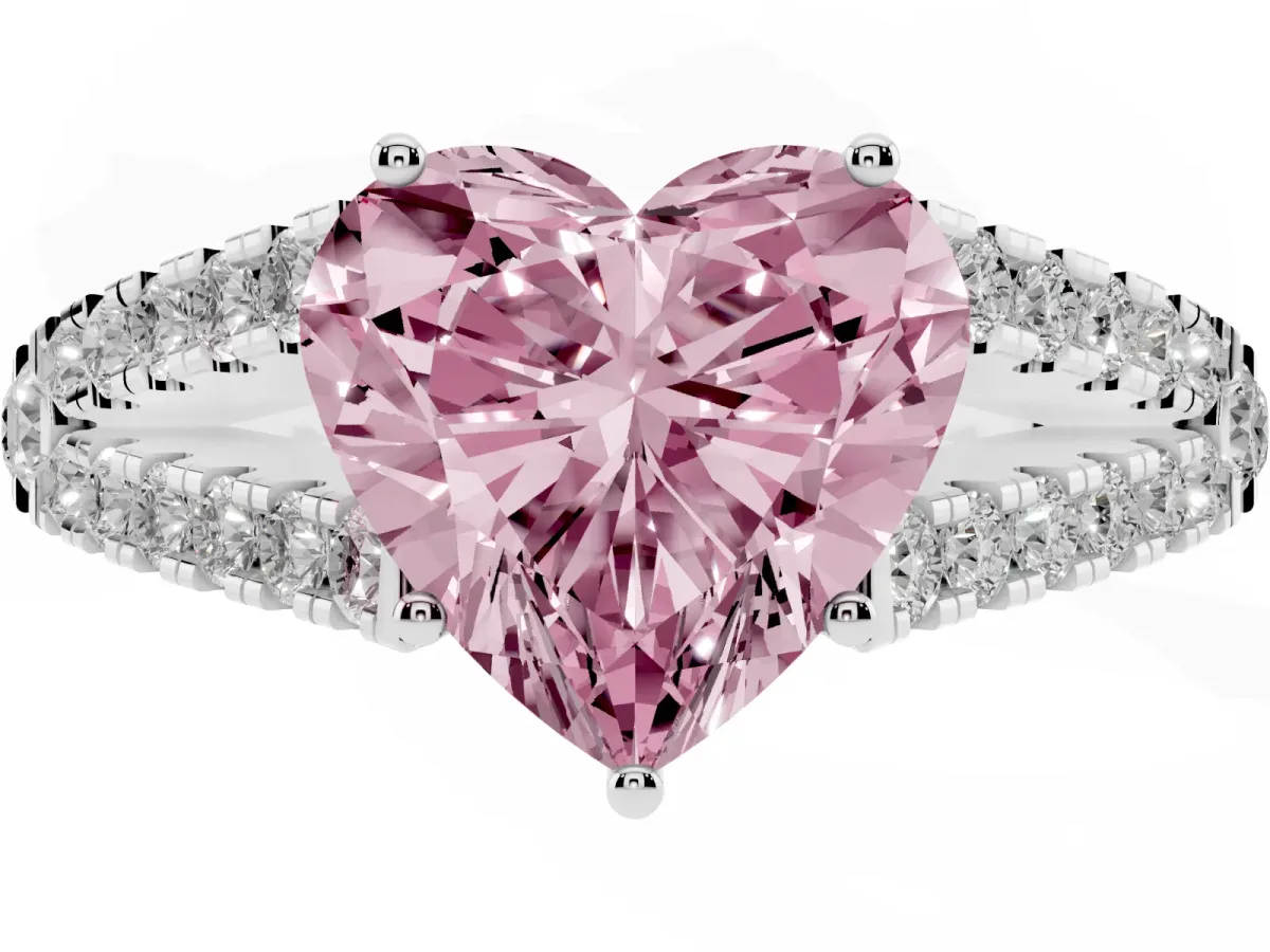 Fancy Pink Heart Cut Diamond Split Shank Pavé Engagement Ring with Four-Prong Setting Platinum