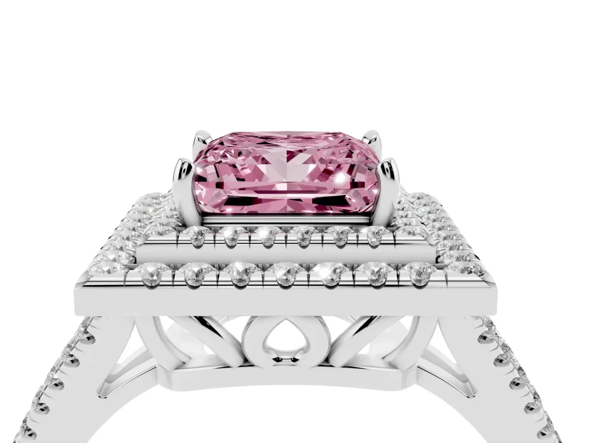 Fancy Pink Princess Cut Diamond Double Halo Ring with Pavé Band and Prong Setting Silver