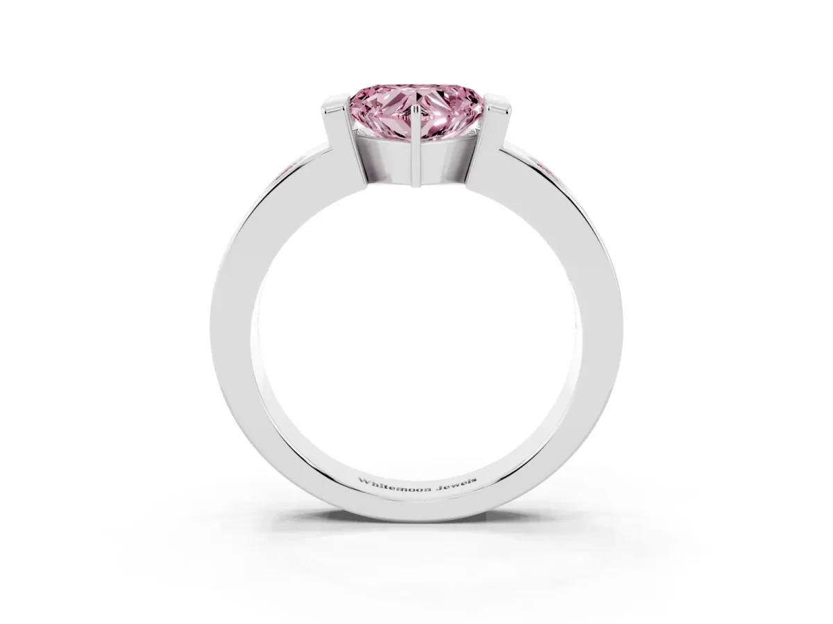 Fancy Pink Heart Cut Brilliant Channel-Set Diamond Ring with Bezel Prong Setting Silver