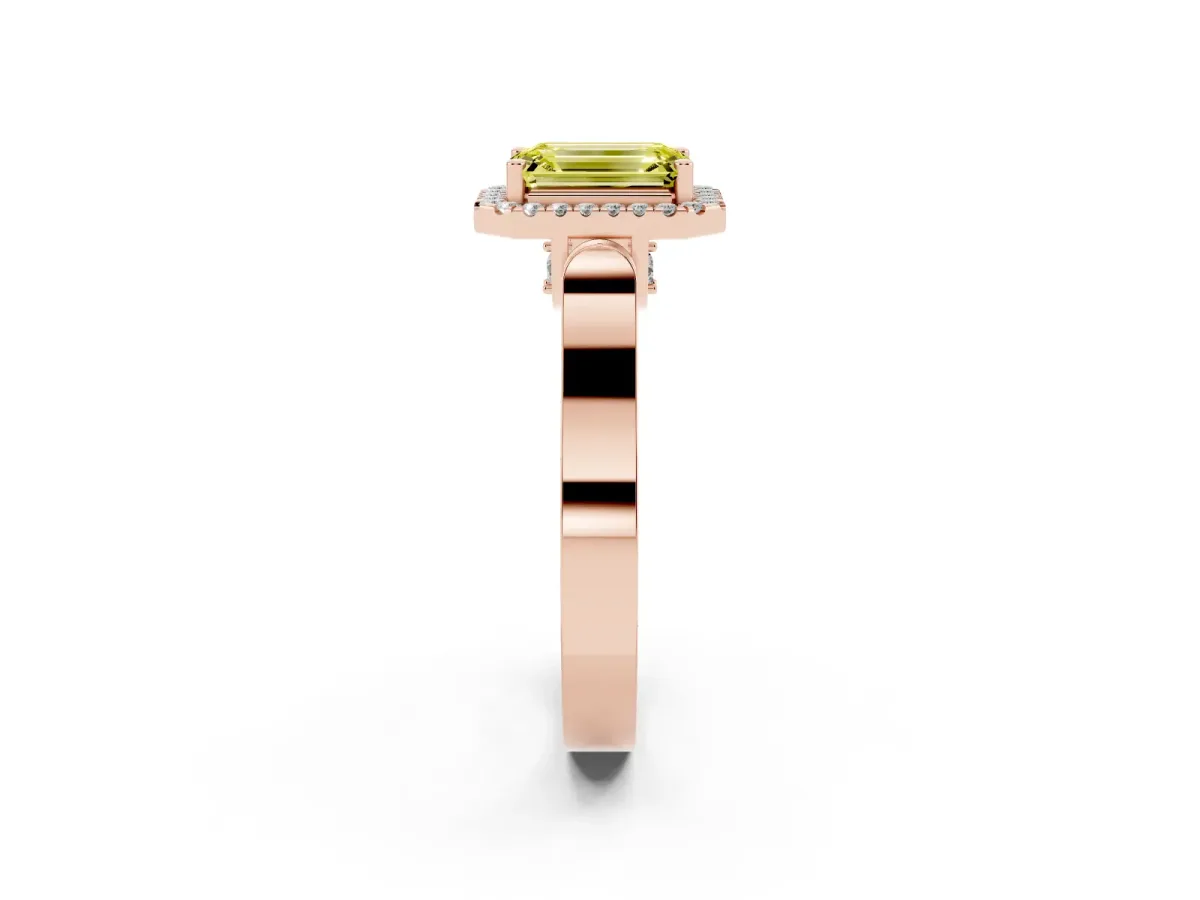 Fancy Yellow Emerald Cut Halo Pave Split Shank Prong Setting Ring Rose gold