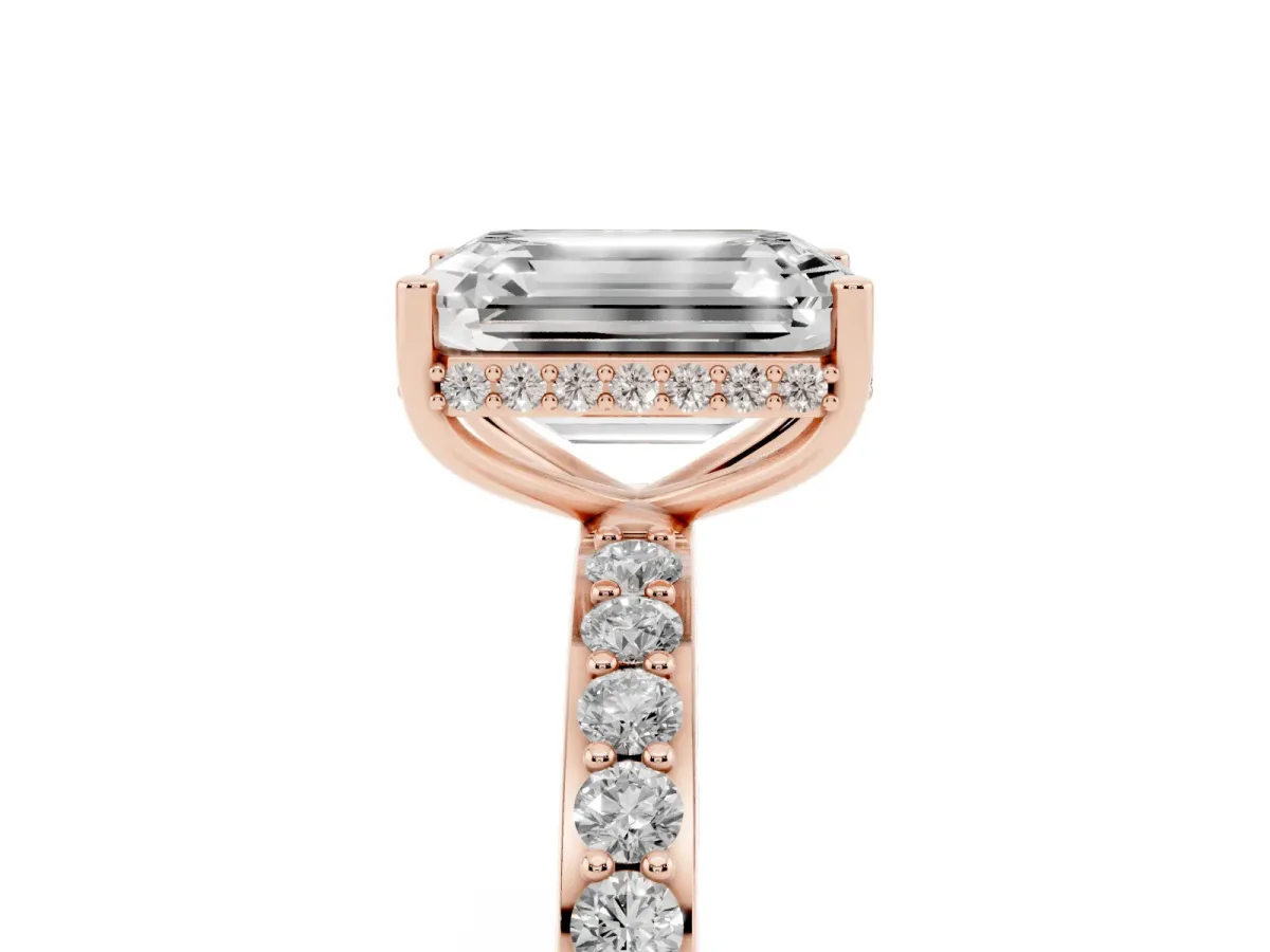 Emerald Cut Diamond Solitaire Ring with Pavé Band and Hidden Halo Rose gold