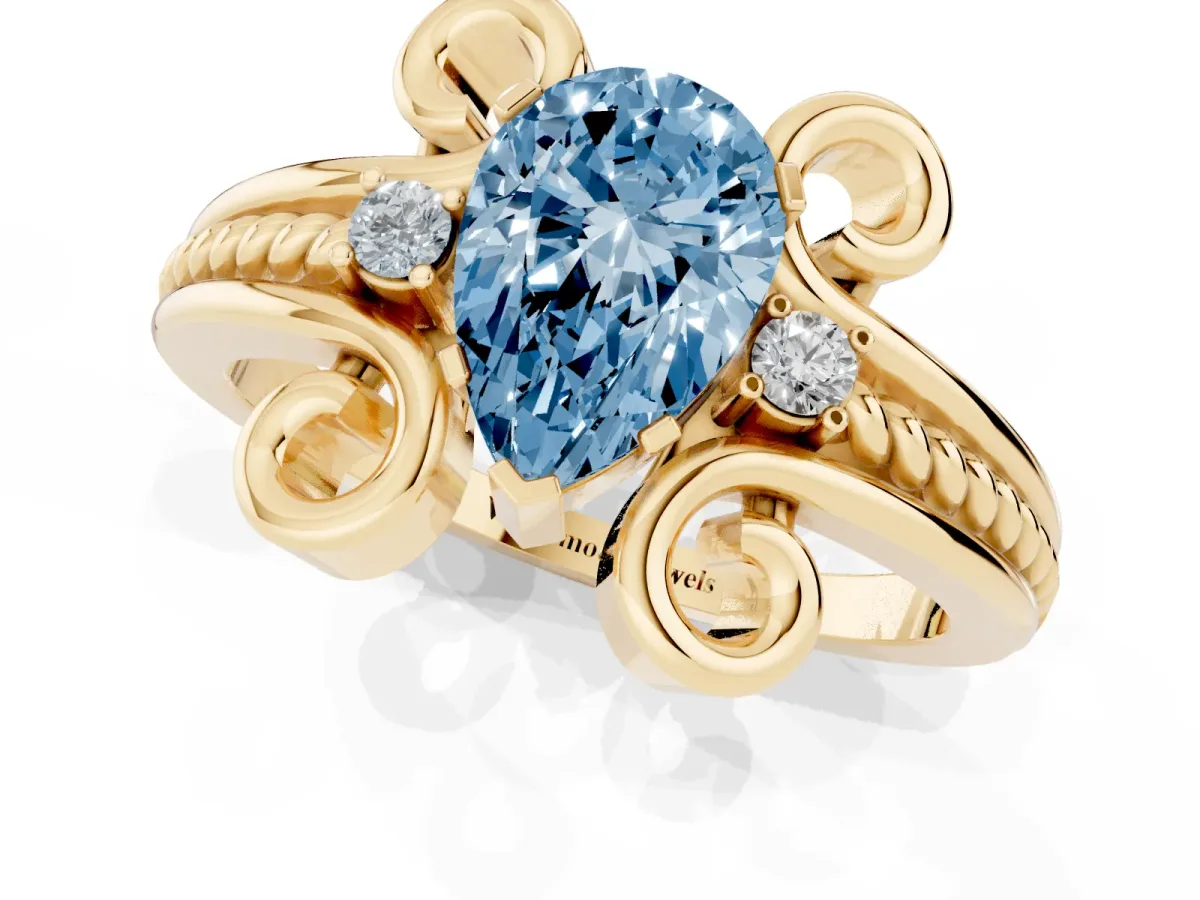 Fancy Blue Pear Cut Solitaire Twisted Band Scroll Prong Ring Yellow gold