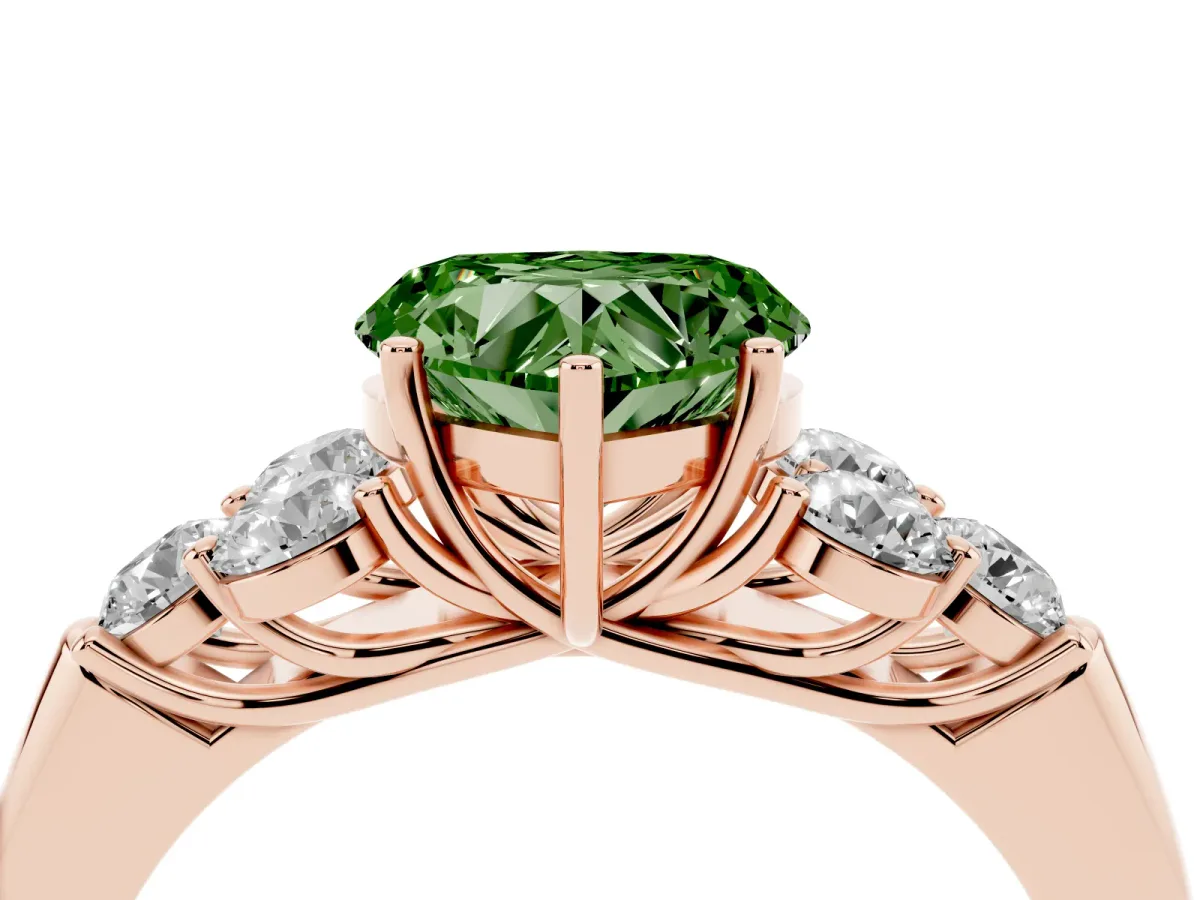 Fancy Green Heart Cut Cut Diamond Cluster Ring with Round Accent Stones and Prong Setting on a Classic Band Rose gold