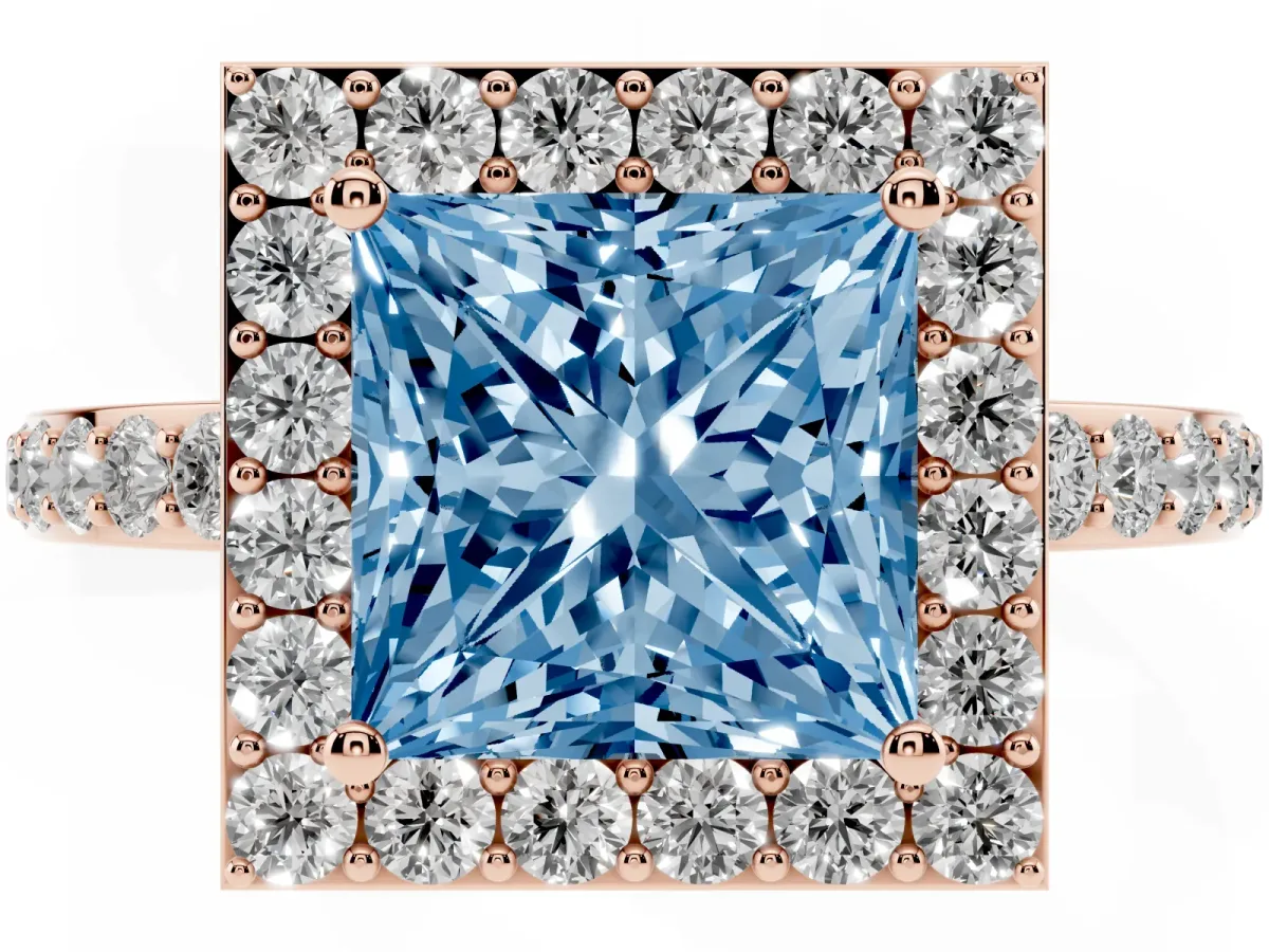 Fancy Blue Princess Cut Halo Diamond Pavé Band Ring with Prong Setting Rose gold