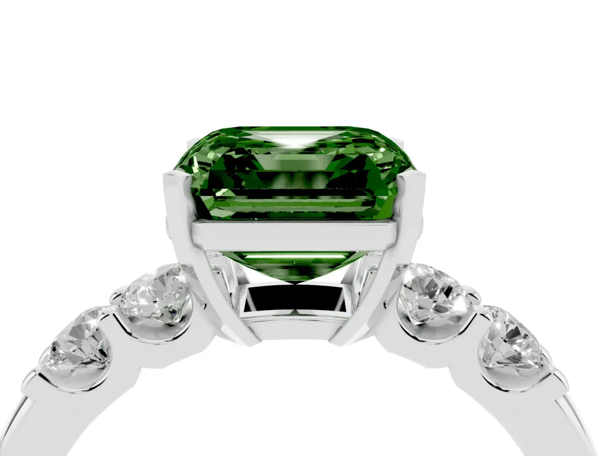 Fancy Green Asscher Cut Brilliant Cut Diamond Five-Stone Prong Set Engagement Ring with Channel Band Silver
