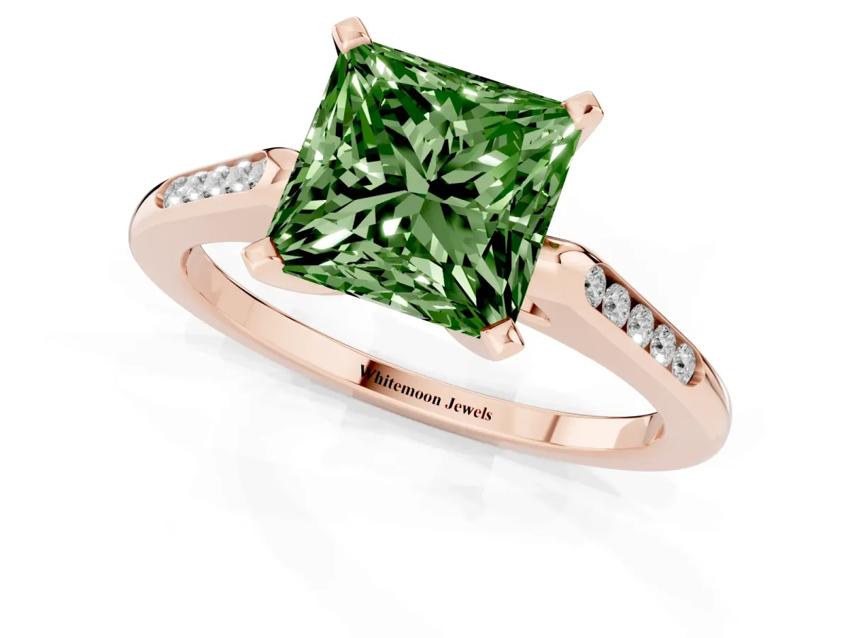 Fancy Green Princess Cut Diamond Solitaire Ring with Channel Set Round Band and Prong Setting Rose gold