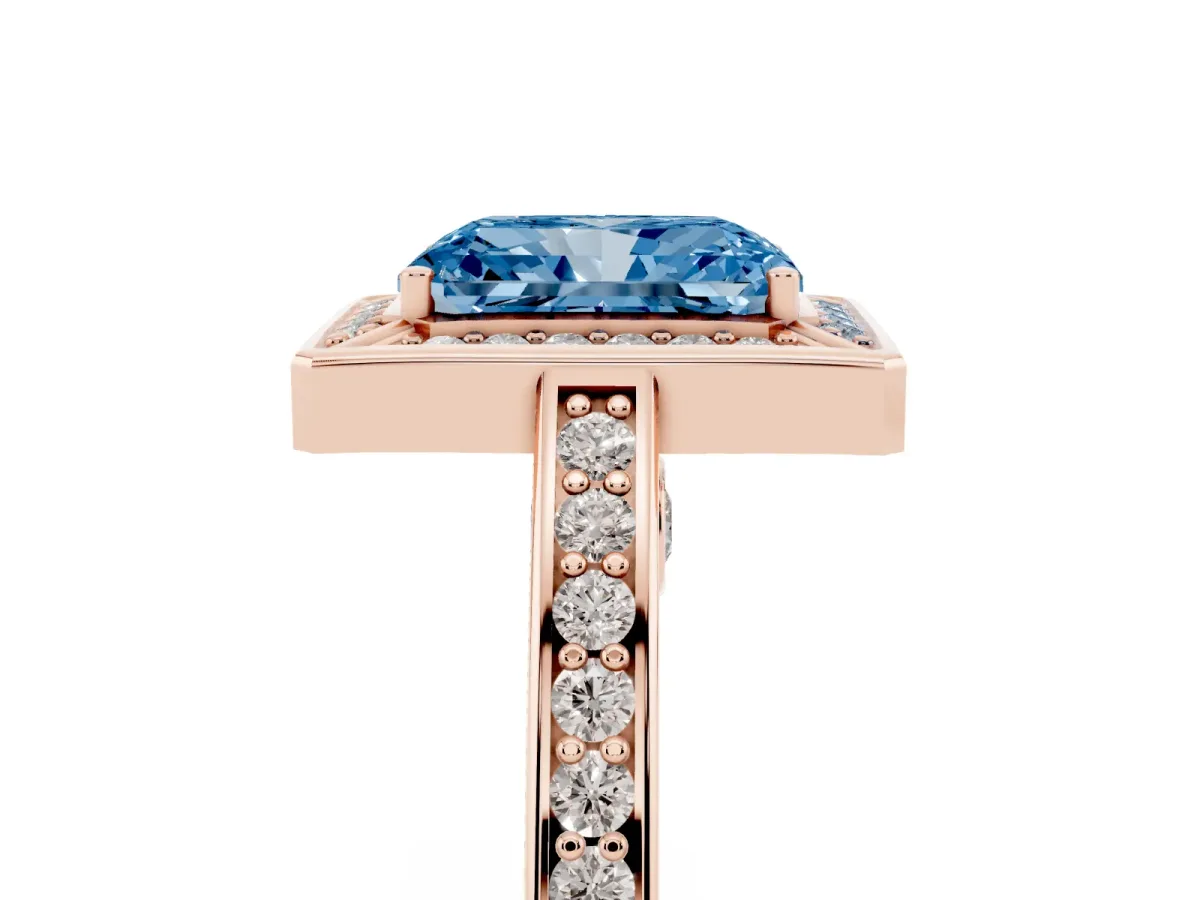Fancy Blue Radiant Cut Cut Halo Pave Split Shank Prong Setting Ring Rose gold