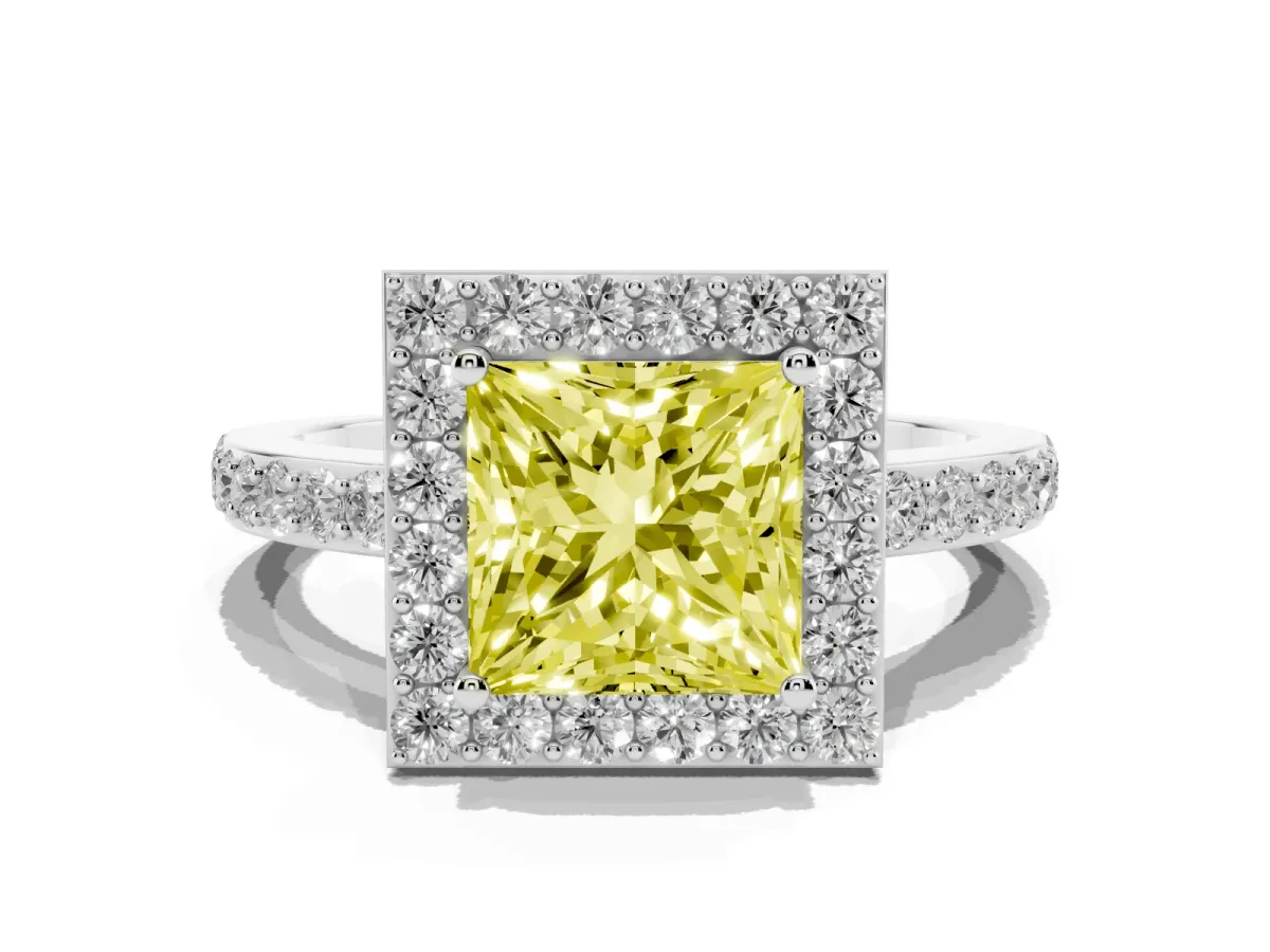 Fancy Yellow Princess Cut Halo Diamond Pavé Band Ring with Prong Setting Silver