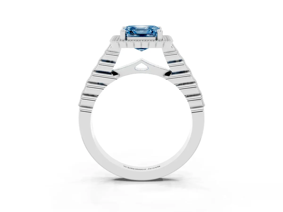 Fancy Blue Asscher Cut Cut Halo Pavé Solitaire Ring with Milgrain Band Platinum