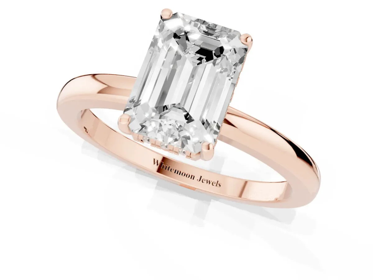 Emerald Cut Solitaire Diamond Ring with Prong Setting and Plain Band Rose gold