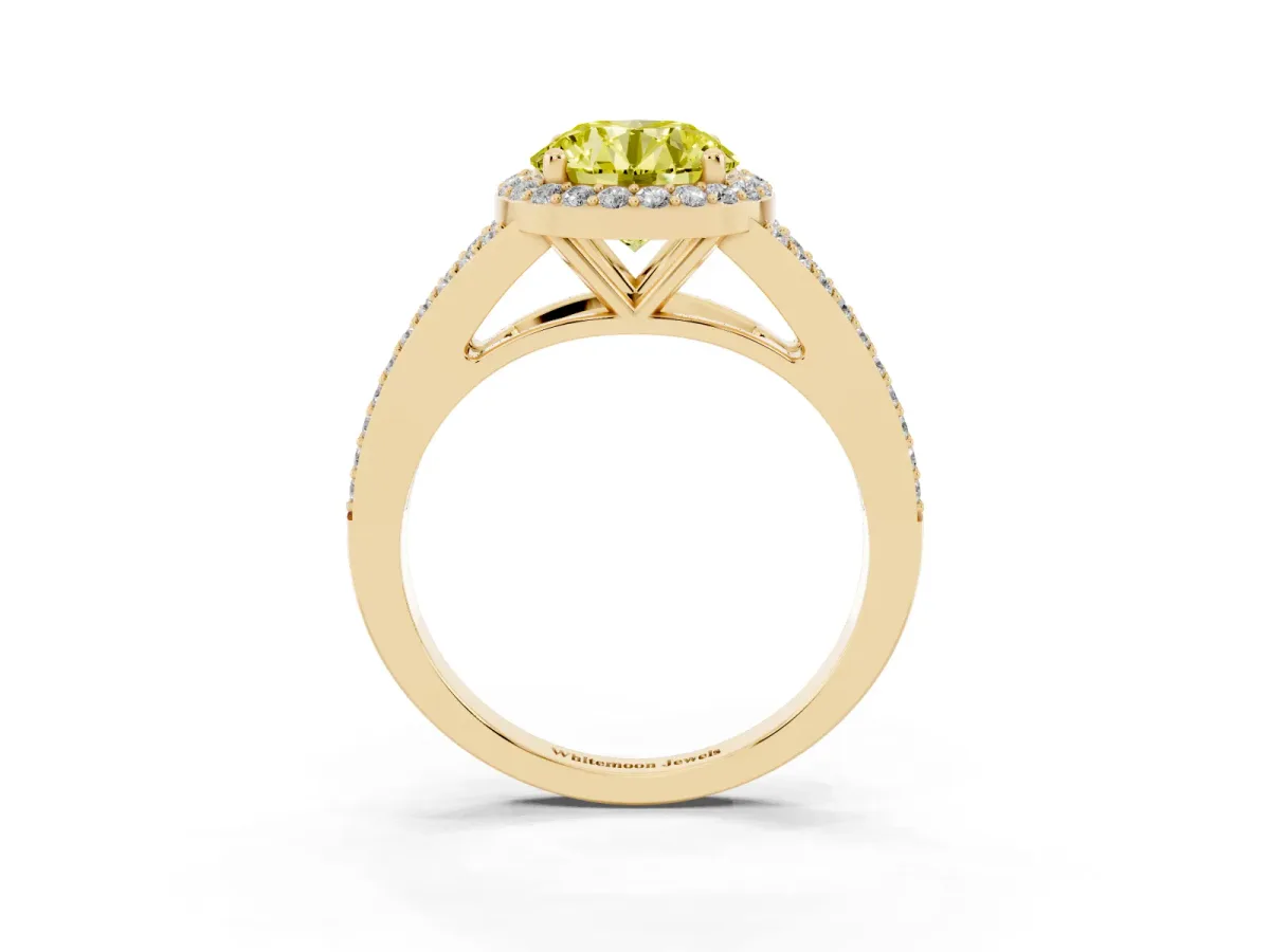 Fancy Yellow Round Cut Halo Split Shank Diamond Ring with Prong Setting Yellow gold