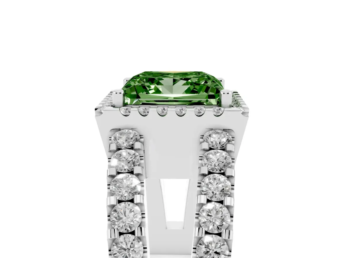 Fancy Green Princess Cut Cut Halo Split Shank Diamond Ring with Four-Prong Setting Platinum