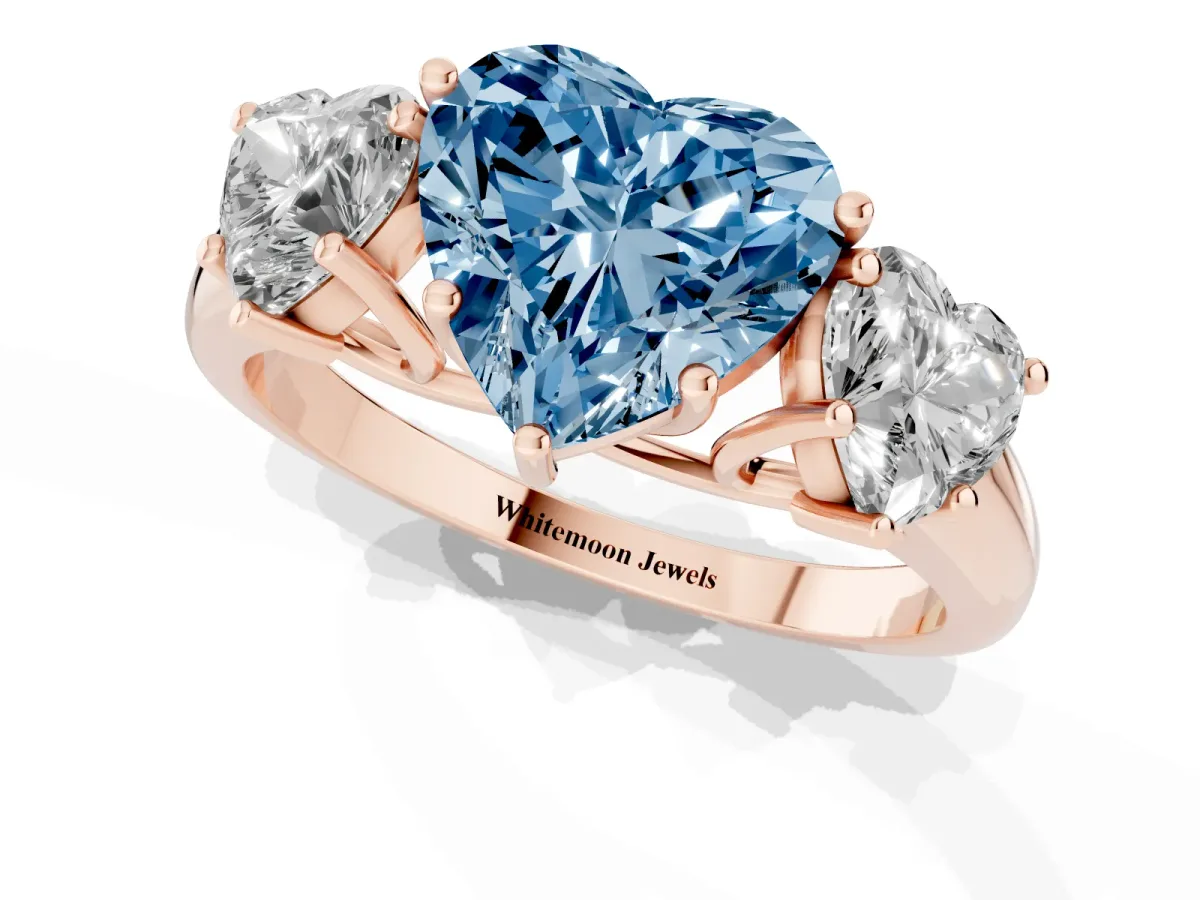 Fancy Blue Three-Stone Heart Cut Diamond Engagement Ring with Prong Setting Rose gold