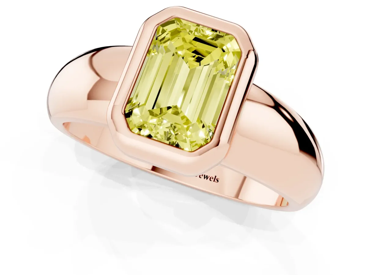 Fancy Yellow Bezel Set Emerald Cut Solitaire Ring with Wide Band Rose gold