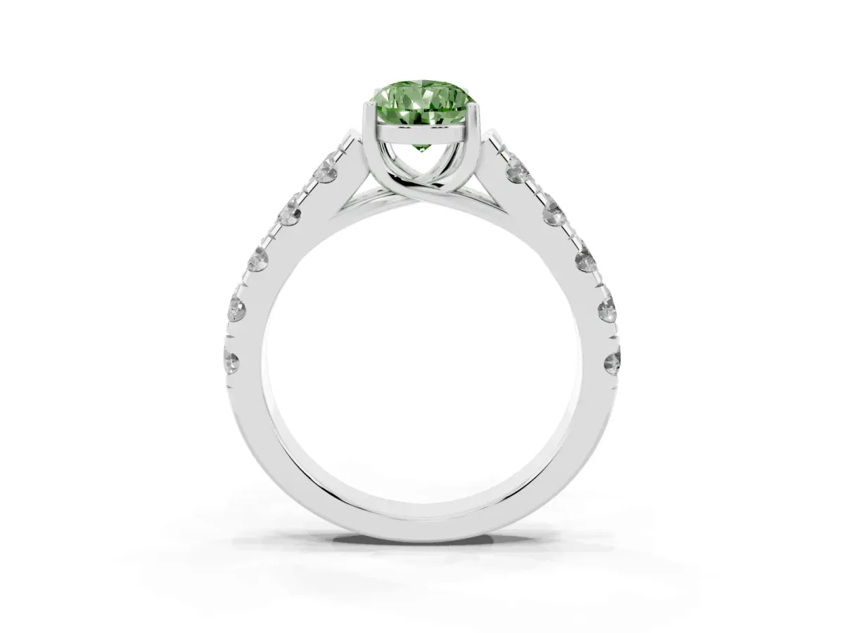 Fancy Green Pear Cut Cut Diamond Solitaire Ring with Micro Pave Band and Prong Setting Platinum