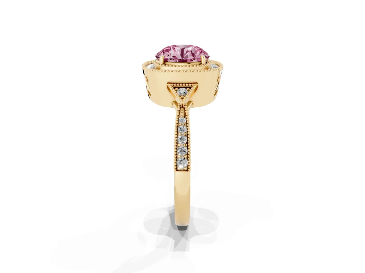 Fancy Pink Round Cut Halo Round Diamond Milgrain Pave Engagement Ring Yellow gold