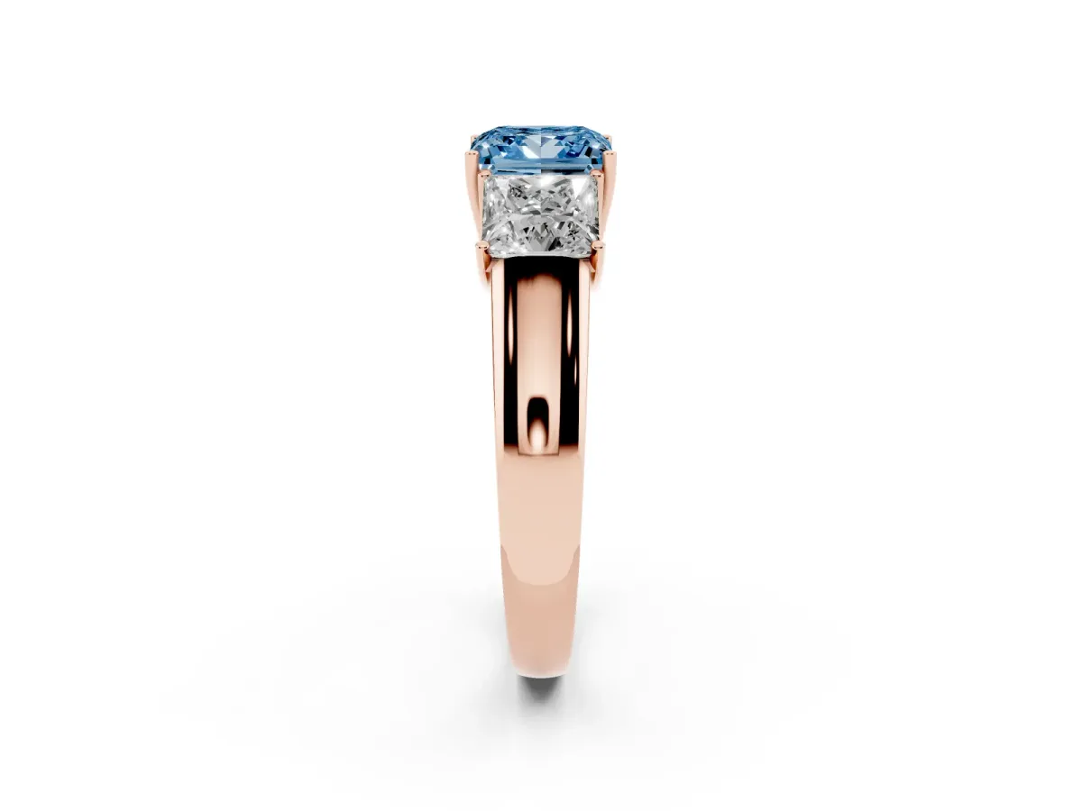 Fancy Blue Three-Stone Princess Cut Cut Diamond Ring with Prong Setting and Classic Band Rose gold