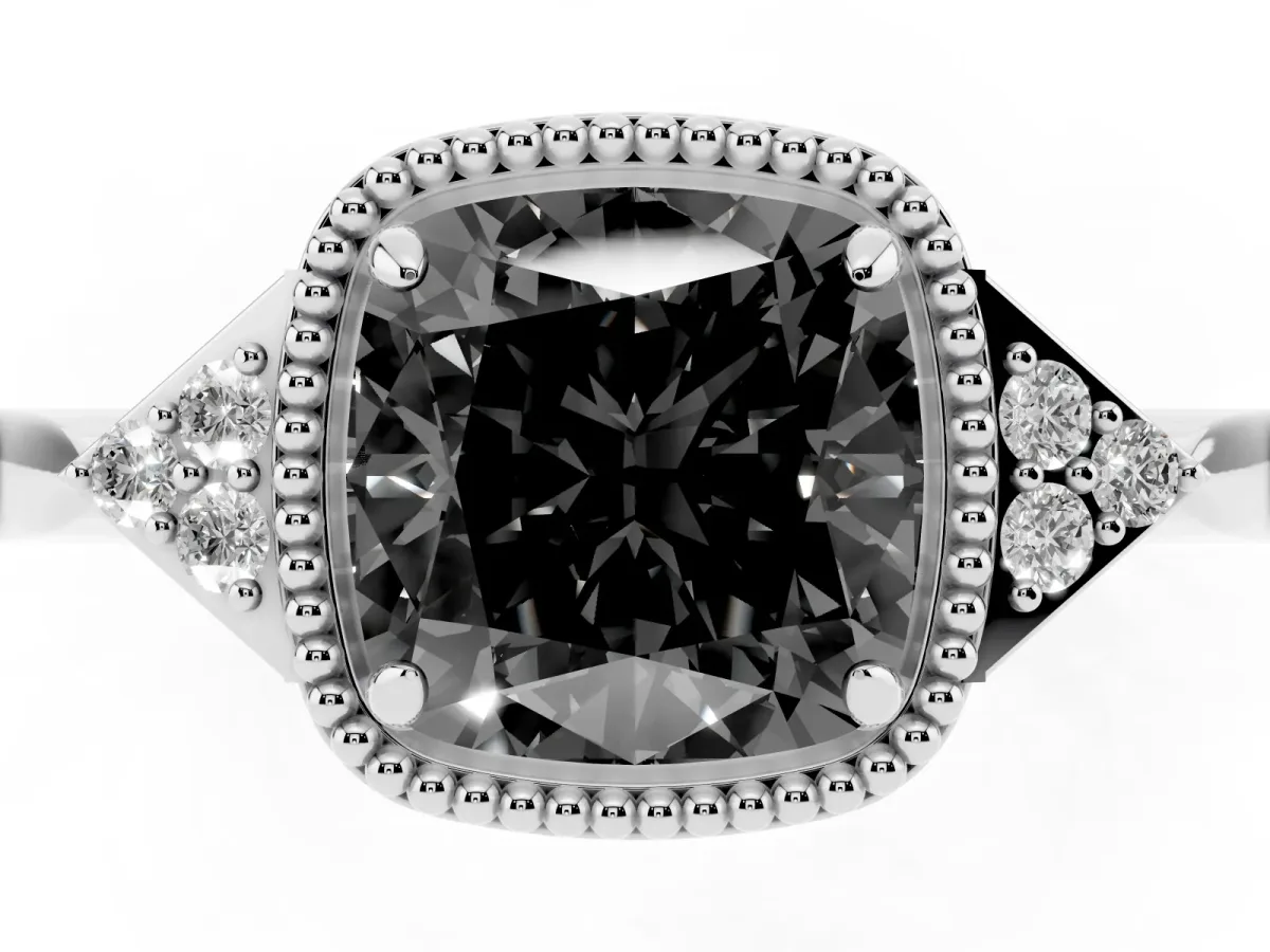Fancy Black Hexagonal Halo Cushion Cut Diamond Solitaire with Pavé Band and Four-Prong Setting Silver