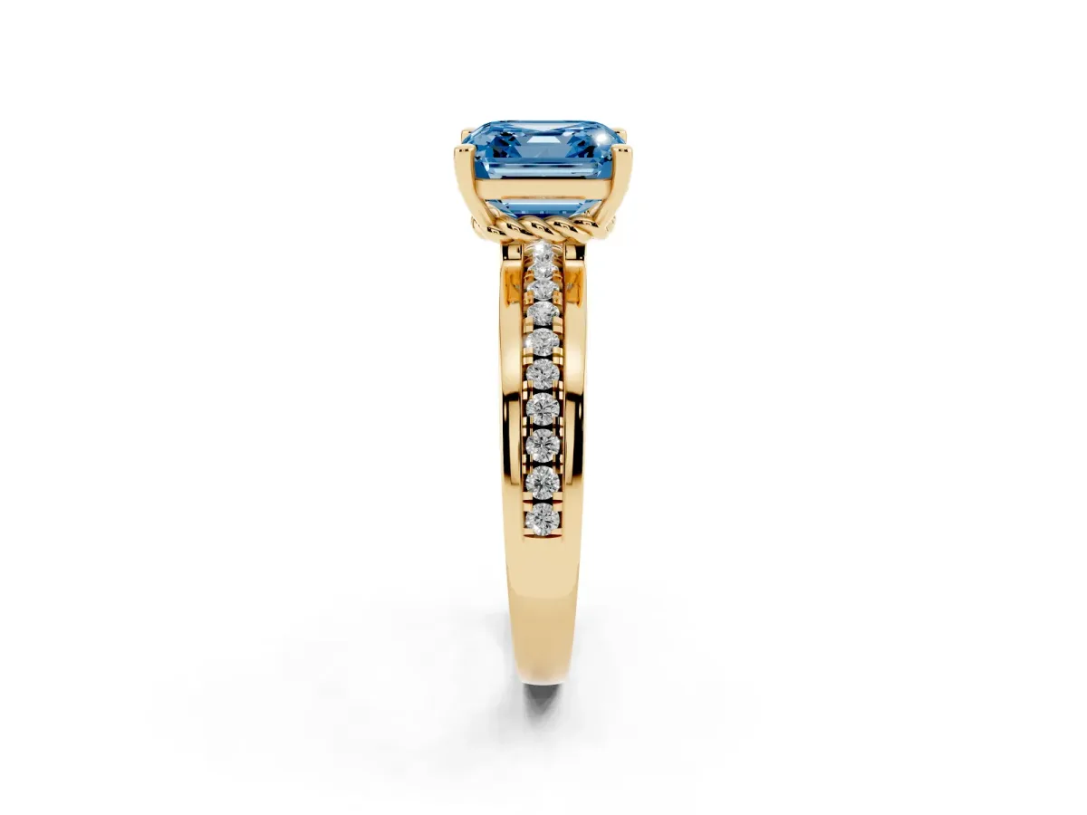 Fancy Blue Asscher Cut Solitaire Diamond Ring with Channel Set Band and Six-Prong Setting Yellow gold