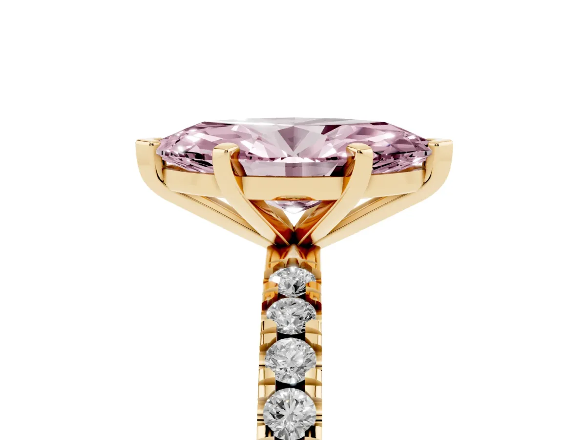 Fancy Pink Marquise Cut Diamond Pavé Band Solitaire with Four-Prong Setting Yellow gold
