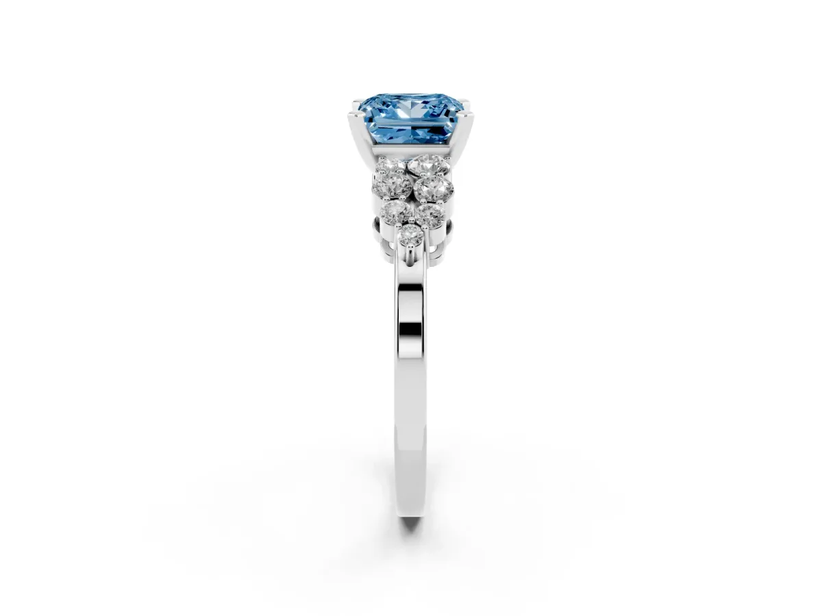 Fancy Blue Princess Cut Cluster Diamond Engagement Ring with Pavé Band and Four-Prong Setting Silver