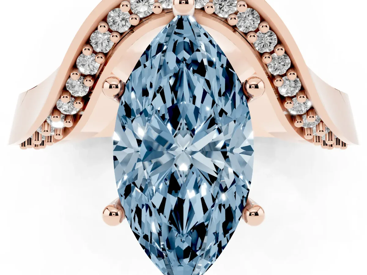 Fancy Blue Marquise Cut Solitaire Diamond Engagement Ring with Pave Band and Four-Prong Setting Rose gold