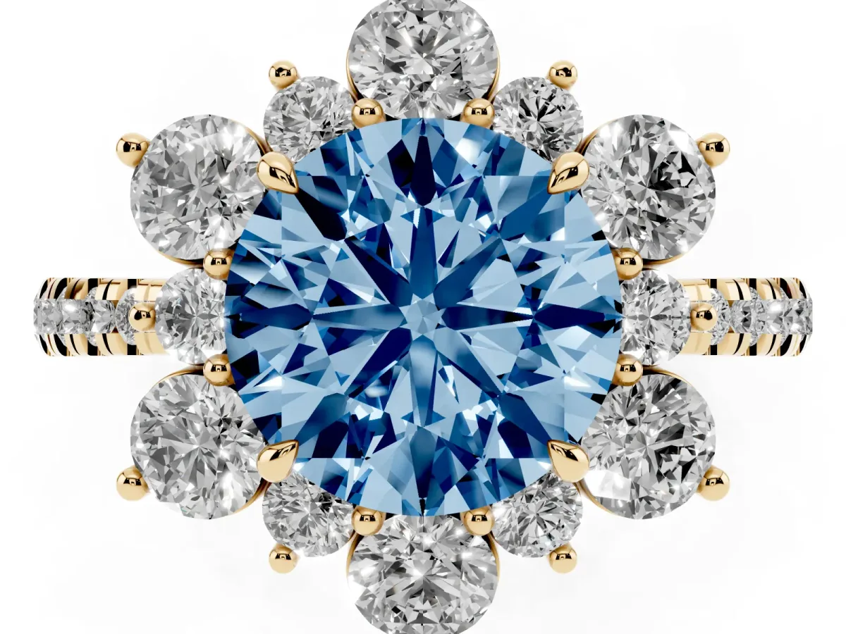 Fancy Blue Round Cut Diamond Floral Halo Ring with Round Pavé Band and Prong Setting Yellow gold