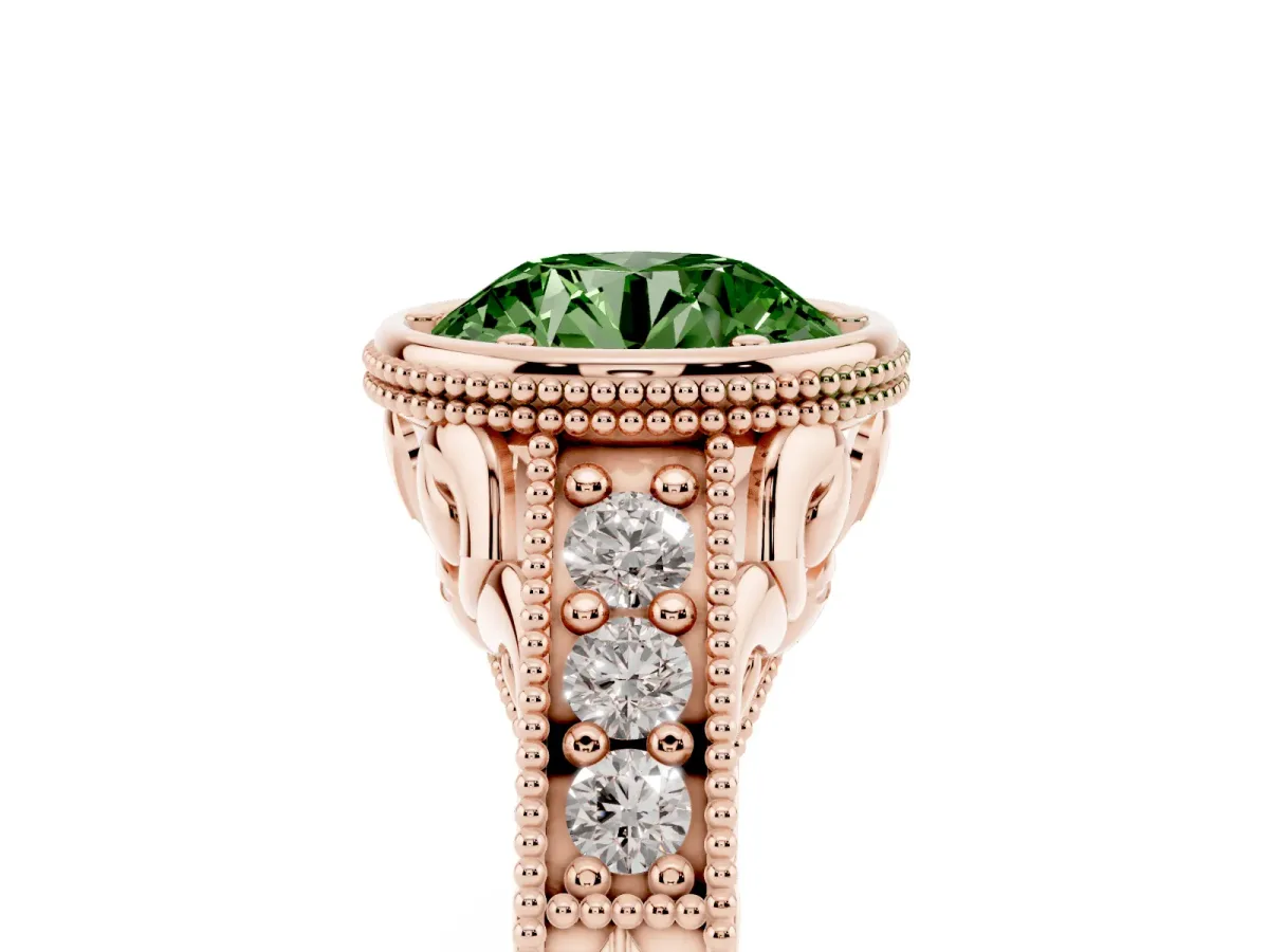 Fancy Green Bezel Set Round Cut Diamond Milgrain Pave Engagement Ring Rose gold