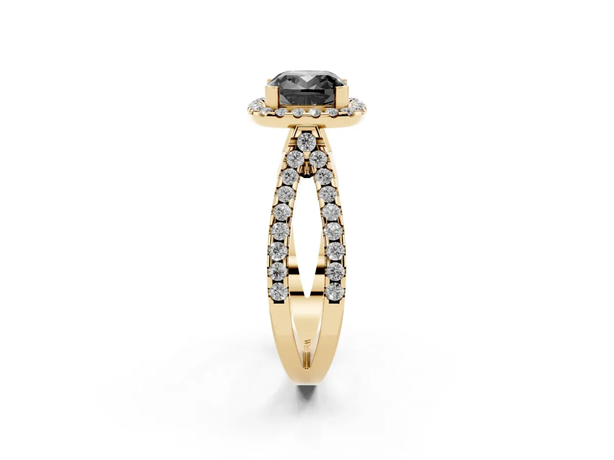 Fancy Black Cushion Cut Diamond Halo Ring with Split Shank Pavé Band and Prong Setting Yellow gold