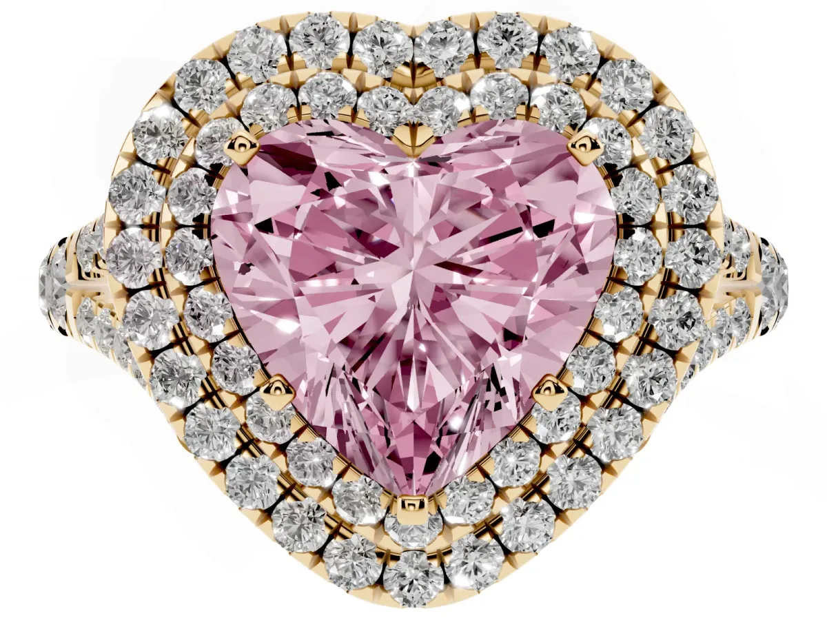 Fancy Pink Double Halo Heart Cut Diamond Split Shank Engagement Ring with Four-Prong Setting Yellow gold