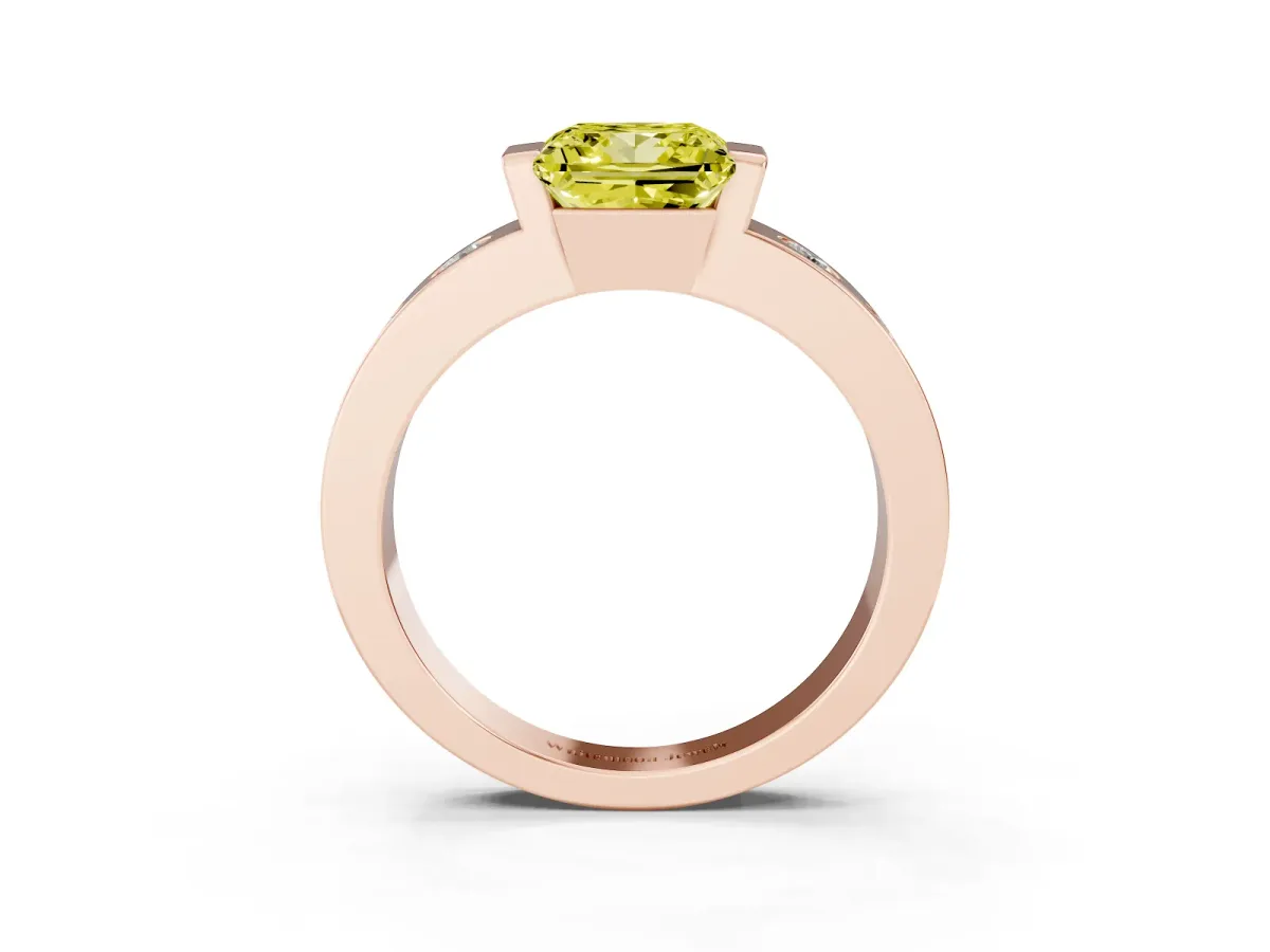 Fancy Yellow Princess Cut Brilliant Channel-Set Diamond Ring with Bezel Prong Setting Rose gold