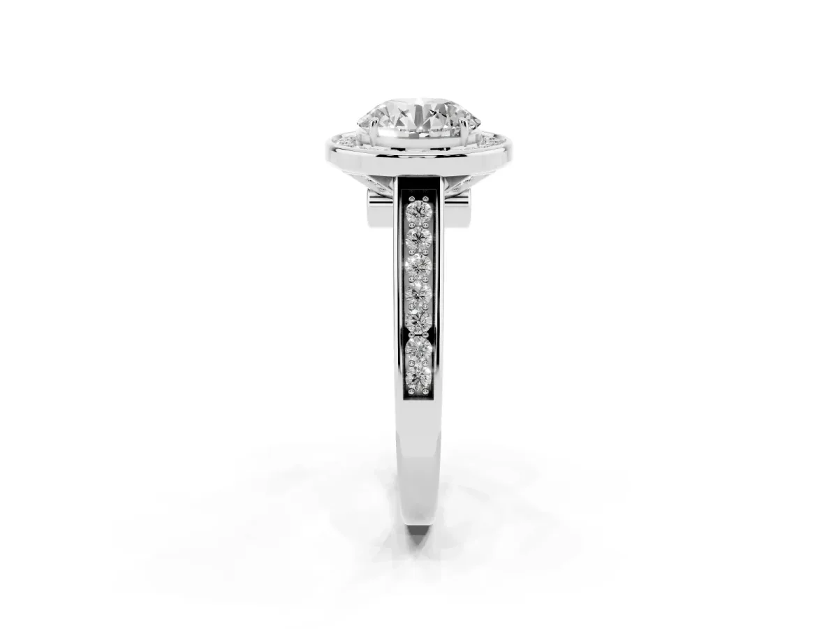 Round Cut Halo Solitaire Diamond Ring with Pave Band and Bezel Setting Silver