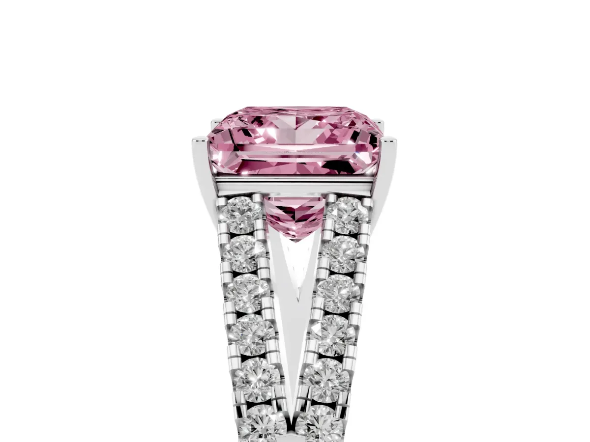 Fancy Pink Princess Cut Diamond Split Shank Pavé Engagement Ring with Four-Prong Setting Silver