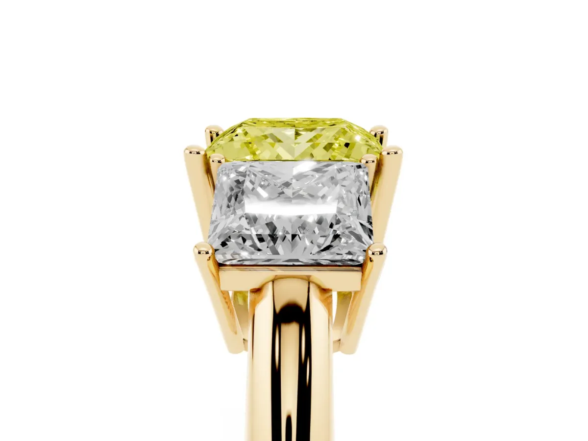 Fancy Yellow Three-Stone Princess Cut Cut Diamond Engagement Ring with Prong Setting on a White Gold Band Yellow gold