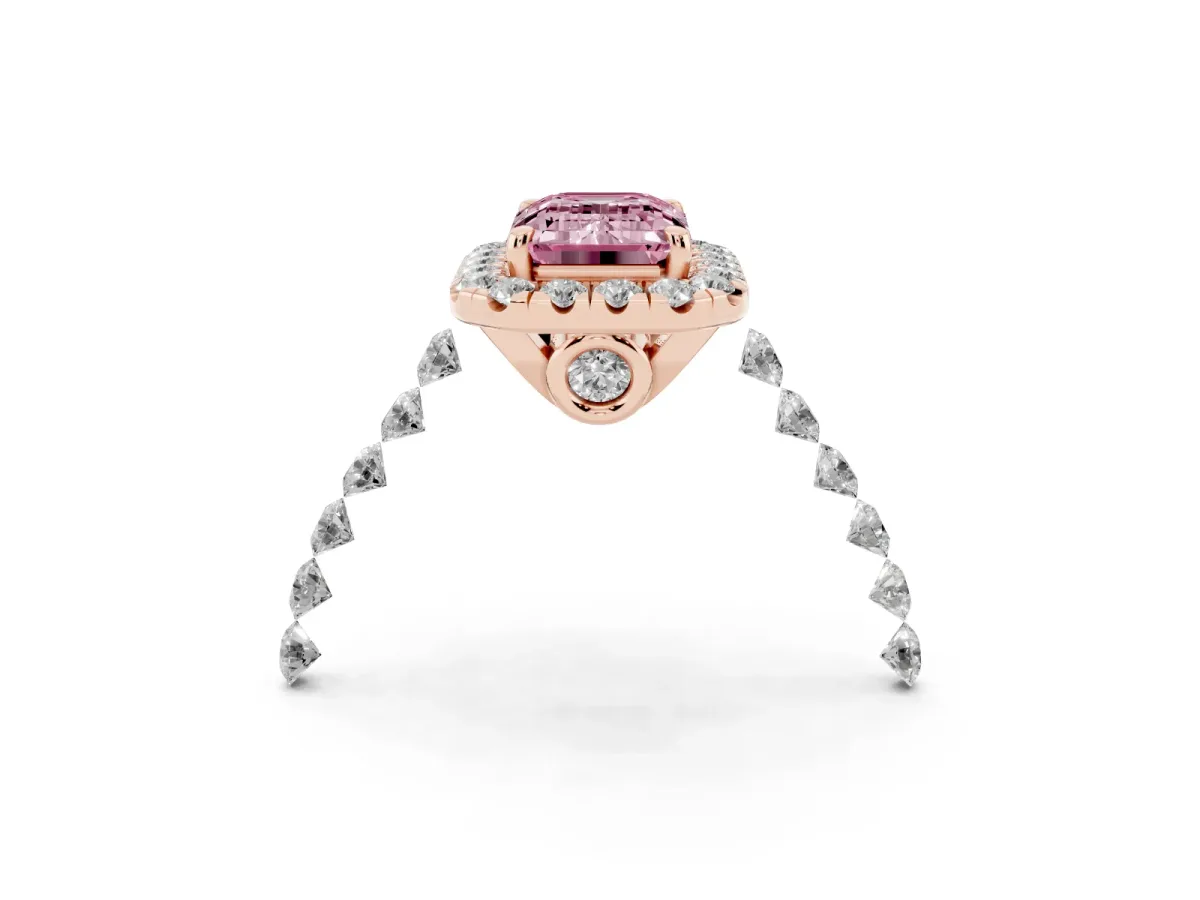 Fancy Pink Emerald Cut Halo Pavé Diamond Engagement Ring with Four-Prong Setting Rose gold
